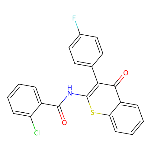 2-chloro-N-(3-(4-fluorophenyl)-4-oxo-4H-thiochromen-2-yl)benzamide structure