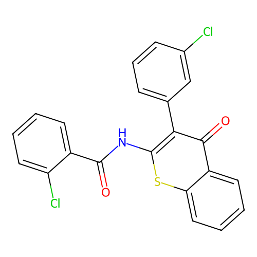 2-chloro-N-(3-(3-chlorophenyl)-4-oxo-4H-thiochromen-2-yl)benzamide structure