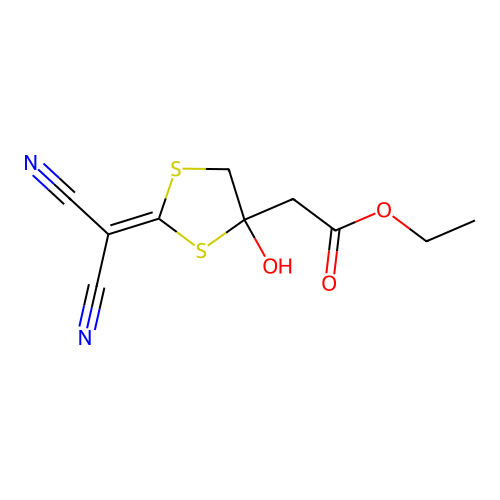 Ethyl 2-[2-(dicyanomethylidene)-4-hydroxy-1,3-dithiolan-4-yl]acetate structure