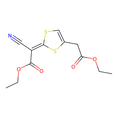 Ethyl 2-cyano-2-[4-(2-ethoxy-2-oxoethyl)-1,3-dithiol-2-ylidene]acetate structure