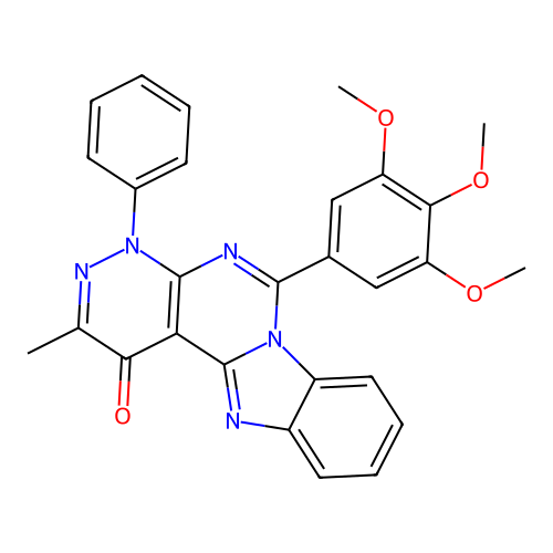 2-methyl-4-phenyl-6-(3,4,5-trimethoxyphenyl)benzo[4',5']imidazo[1',2':1,6]pyrimido[4,5-c]pyridazin-1(4H)-one structure