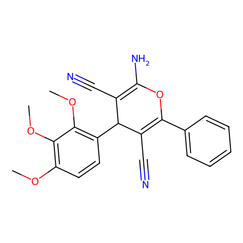 2-amino-6-phenyl-4-(2,3,4-trimethoxyphenyl)-4H-pyran-3,5-dicarbonitrile structure