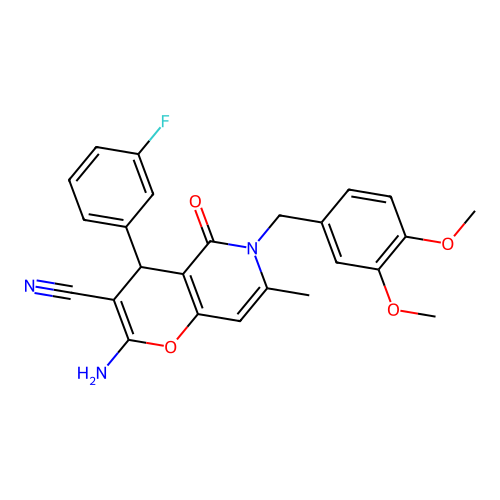 2-amino-6-(3,4-dimethoxybenzyl)-4-(3-fluorophenyl)-7-methyl-5-oxo-5,6-dihydro-4H-pyrano[3,2-c]pyridine-3-carbonitrile structure
