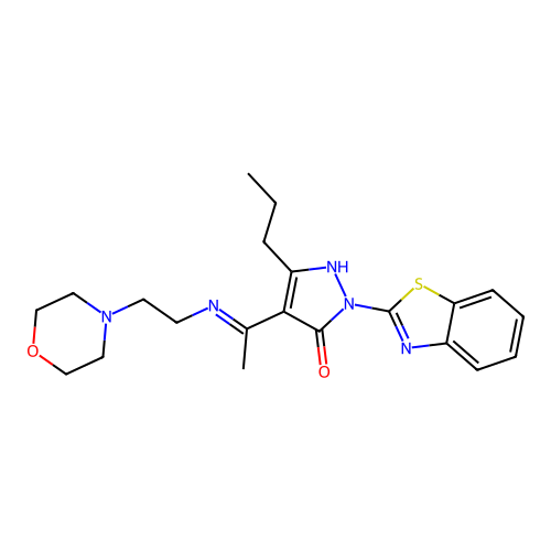 2-(1,3-benzothiazol-2-yl)-4-{(1E)-N-[2-(morpholin-4-yl)ethyl]ethanimidoyl}-5-propyl-1,2-dihydro-3H-pyrazol-3-one structure
