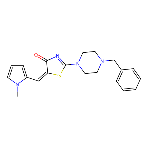 (5E)-2-(4-benzylpiperazin-1-yl)-5-[(1-methylpyrrol-2-yl)methylidene]-1,3-thiazol-4-one structure