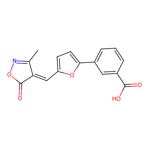 3-[5-[(3-Methyl-5-oxo-1,2-oxazol-4-ylidene)methyl]furan-2-yl]benzoic acid structure