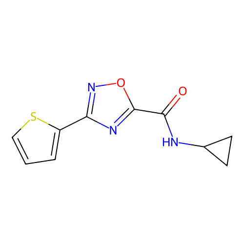 N-cyclopropyl-3-thiophen-2-yl-1,2,4-oxadiazole-5-carboxamide structure