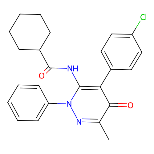 N-[4-(4-chlorophenyl)-6-methyl-5-oxo-2-phenylpyridazin-3-yl]cyclohexanecarboxamide structure