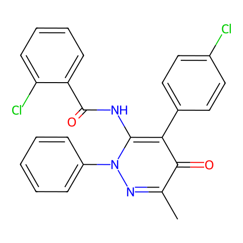 2-chloro-N-[4-(4-chlorophenyl)-6-methyl-5-oxo-2-phenyl-pyridazin-3-yl]benzamide structure