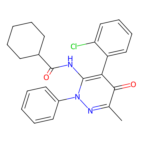 N-[4-(2-chlorophenyl)-6-methyl-5-oxo-2-phenyl-pyridazin-3-yl]cyclohexanecarboxamide structure