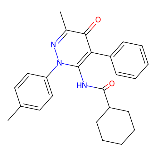 N-(6-methyl-5-oxo-4-phenyl-2-(p-tolyl)-2,5-dihydropyridazin-3-yl)cyclohexanecarboxamide structure