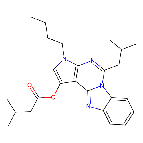 3-butyl-5-(2-methylpropyl)-3H-pyrrolo[2',3':4,5]pyrimido[1,6-a]benzimidazol-1-yl 3-methylbutanoate structure