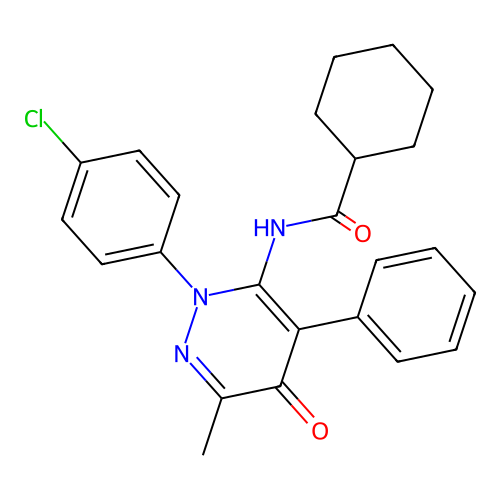 N-[2-(4-chlorophenyl)-6-methyl-5-oxo-4-phenylpyridazin-3-yl]cyclohexanecarboxamide structure