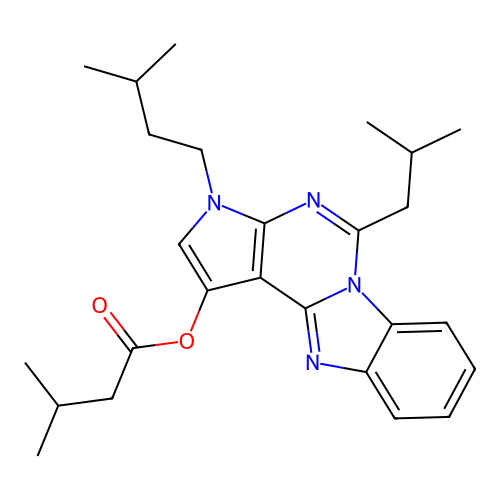 3-(3-methylbutyl)-5-(2-methylpropyl)-3H-pyrrolo[2',3':4,5]pyrimido[1,6-a]benzimidazol-1-yl 3-methylbutanoate structure
