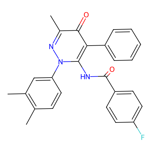 N-[2-(3,4-dimethylphenyl)-6-methyl-5-oxo-4-phenyl-pyridazin-3-yl]-4-fluoro-benzamide structure