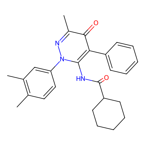 N-[2-(3,4-dimethylphenyl)-6-methyl-5-oxo-4-phenylpyridazin-3-yl]cyclohexanecarboxamide structure
