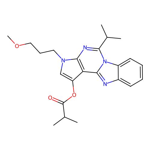 3-(3-methoxypropyl)-5-(propan-2-yl)-3H-pyrrolo[2',3':4,5]pyrimido[1,6-a]benzimidazol-1-yl 2-methylpropanoate structure