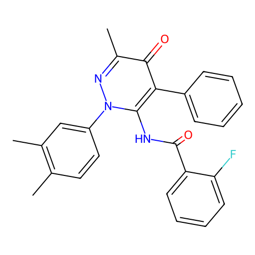 N-[2-(3,4-dimethylphenyl)-6-methyl-5-oxo-4-phenyl-pyridazin-3-yl]-2-fluoro-benzamide structure