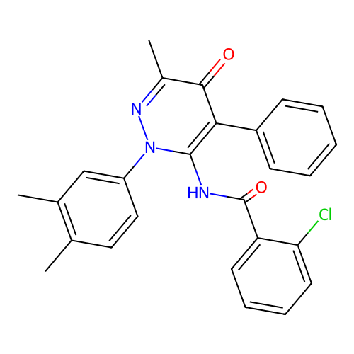 2-chloro-N-[2-(3,4-dimethylphenyl)-6-methyl-5-oxo-4-phenyl-pyridazin-3-yl]benzamide structure
