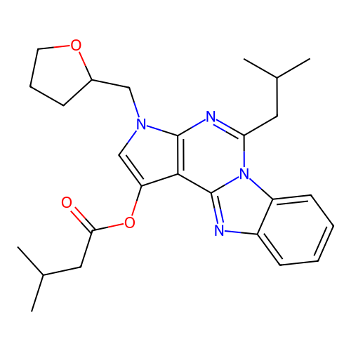 5-(2-methylpropyl)-3-(tetrahydrofuran-2-ylmethyl)-3H-pyrrolo[2',3':4,5]pyrimido[1,6-a]benzimidazol-1-yl 3-methylbutanoate structure
