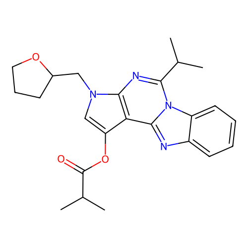 5-(propan-2-yl)-3-(tetrahydrofuran-2-ylmethyl)-3H-pyrrolo[2',3':4,5]pyrimido[1,6-a]benzimidazol-1-yl 2-methylpropanoate structure