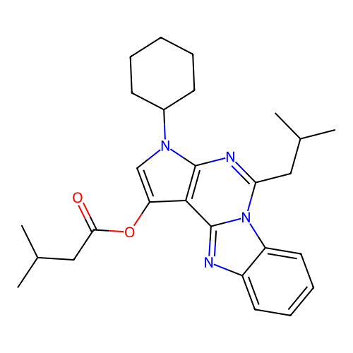 3-cyclohexyl-5-(2-methylpropyl)-3H-pyrrolo[2',3':4,5]pyrimido[1,6-a]benzimidazol-1-yl 3-methylbutanoate structure