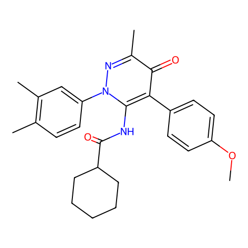 N-(2-(3,4-dimethylphenyl)-4-(4-methoxyphenyl)-6-methyl-5-oxo-2,5-dihydropyridazin-3-yl)cyclohexanecarboxamide structure