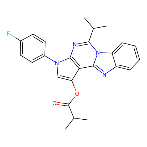 3-(4-fluorophenyl)-5-(propan-2-yl)-3H-pyrrolo[2',3':4,5]pyrimido[1,6-a]benzimidazol-1-yl 2-methylpropanoate structure