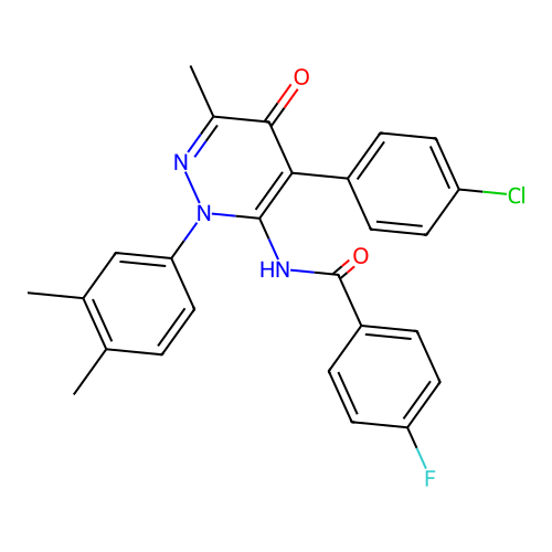 N-(4-(4-chlorophenyl)-2-(3,4-dimethylphenyl)-6-methyl-5-oxo-2,5-dihydropyridazin-3-yl)-4-fluorobenzamide structure