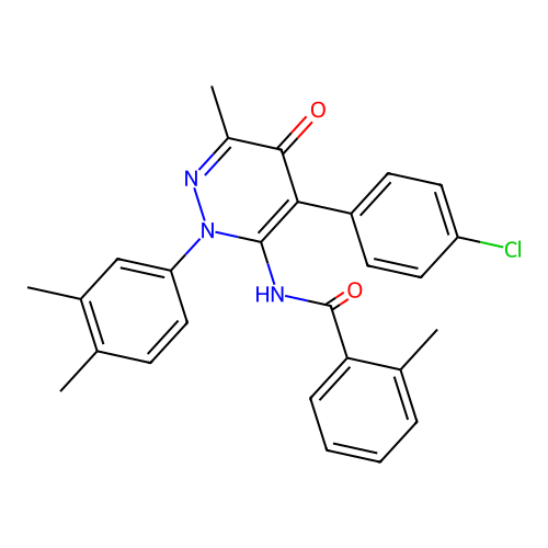 N-(4-(4-chlorophenyl)-2-(3,4-dimethylphenyl)-6-methyl-5-oxo-2,5-dihydropyridazin-3-yl)-2-methylbenzamide structure