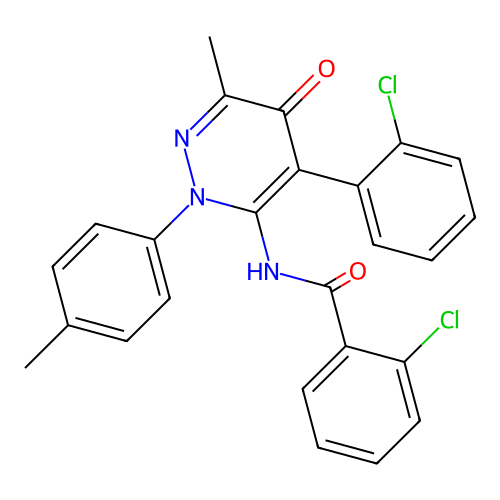 2-chloro-N-[4-(2-chlorophenyl)-6-methyl-2-(4-methylphenyl)-5-oxo-pyridazin-3-yl]benzamide structure