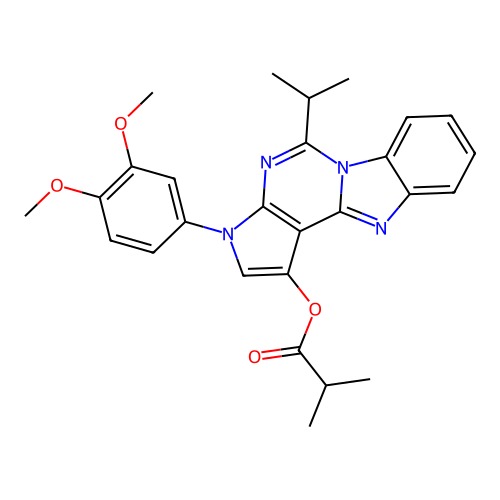 3-(3,4-dimethoxyphenyl)-5-(propan-2-yl)-3H-pyrrolo[2',3':4,5]pyrimido[1,6-a]benzimidazol-1-yl 2-methylpropanoate structure