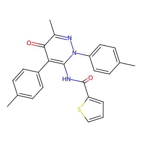 N-(6-methyl-5-oxo-2,4-di-p-tolyl-2,5-dihydropyridazin-3-yl)thiophene-2-carboxamide structure