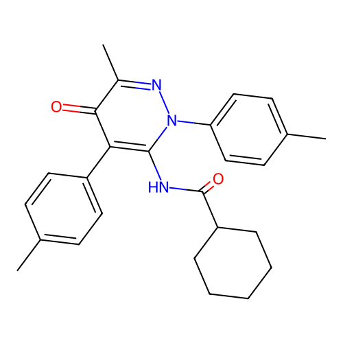 N-(6-methyl-5-oxo-2,4-di-p-tolyl-2,5-dihydropyridazin-3-yl)cyclohexanecarboxamide structure