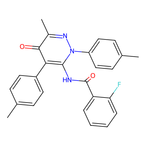 2-fluoro-N-(6-methyl-5-oxo-2,4-di-p-tolyl-2,5-dihydropyridazin-3-yl)benzamide structure