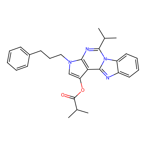 3-(3-phenylpropyl)-5-(propan-2-yl)-3H-pyrrolo[2',3':4,5]pyrimido[1,6-a]benzimidazol-1-yl 2-methylpropanoate structure