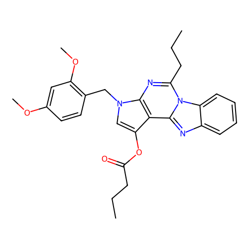 3-(2,4-dimethoxybenzyl)-5-propyl-3H-benzo[4,5]imidazo[1,2-c]pyrrolo[3,2-e]pyrimidin-1-yl butyrate structure