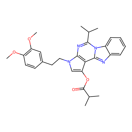 3-(3,4-dimethoxyphenethyl)-5-isopropyl-3H-benzo[4,5]imidazo[1,2-c]pyrrolo[3,2-e]pyrimidin-1-yl isobutyrate structure