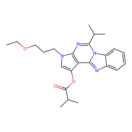 3-(3-ethoxypropyl)-5-(propan-2-yl)-3H-pyrrolo[2',3':4,5]pyrimido[1,6-a]benzimidazol-1-yl 2-methylpropanoate structure