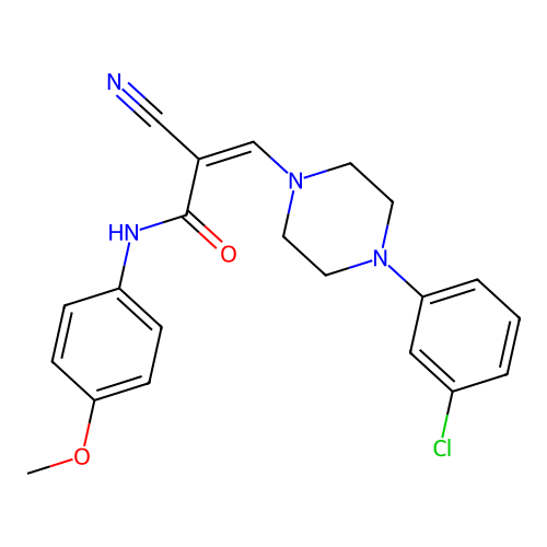 (Z)-3-(4-(3-chlorophenyl)piperazin-1-yl)-2-cyano-N-(4-methoxyphenyl)acrylamide structure