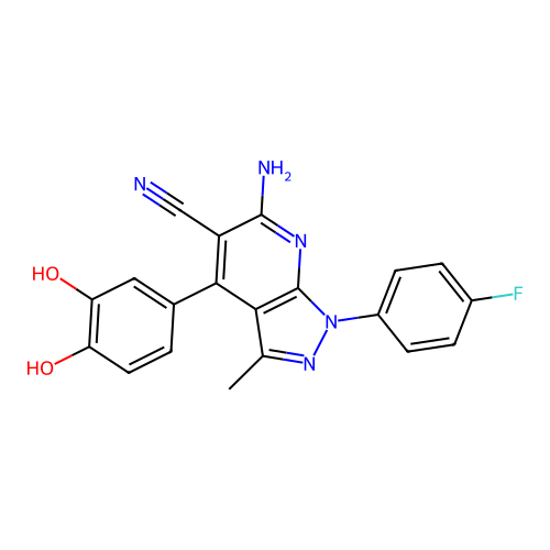 6-amino-4-(3,4-dihydroxyphenyl)-1-(4-fluorophenyl)-3-methyl-1H-pyrazolo[3,4-b]pyridine-5-carbonitrile structure