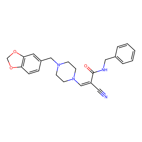 (Z)-3-(4-(benzo[d][1,3]dioxol-5-ylmethyl)piperazin-1-yl)-N-benzyl-2-cyanoacrylamide structure