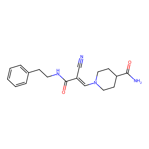 (E)-1-(2-cyano-3-oxo-3-(phenethylamino)prop-1-en-1-yl)piperidine-4-carboxamide structure