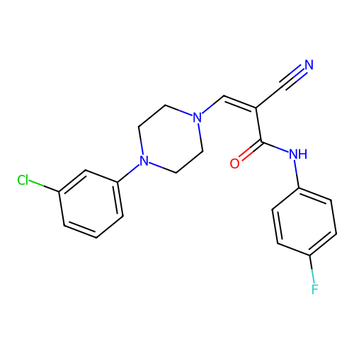 (Z)-3-(4-(3-chlorophenyl)piperazin-1-yl)-2-cyano-N-(4-fluorophenyl)acrylamide structure