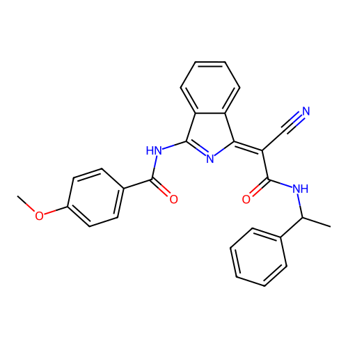(Z)-N-(1-(1-cyano-2-oxo-2-((1-phenylethyl)amino)ethylidene)-1H-isoindol-3-yl)-4-methoxybenzamide structure