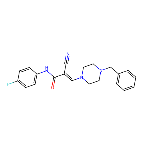 (E)-3-(4-benzylpiperazin-1-yl)-2-cyano-N-(4-fluorophenyl)acrylamide structure