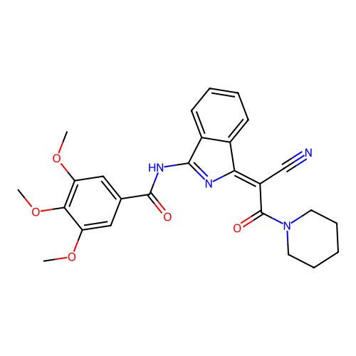 N-[3-[1-cyano-2-oxo-2-(1-piperidyl)ethylidene]isoindol-1-yl]-3,4,5-trimethoxy-benzamide structure