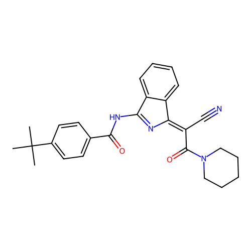 4-tert-butyl-N-[(3Z)-3-(1-cyano-2-oxo-2-piperidin-1-ylethylidene)isoindol-1-yl]benzamide structure