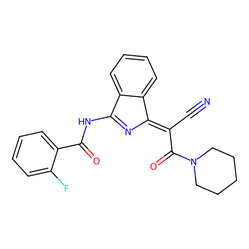 (Z)-N-(1-(1-cyano-2-oxo-2-(piperidin-1-yl)ethylidene)-1H-isoindol-3-yl)-2-fluorobenzamide structure