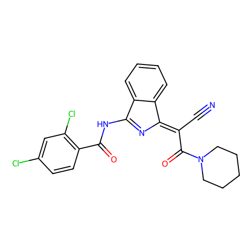 2,4-dichloro-N-[(3Z)-3-(1-cyano-2-oxo-2-piperidin-1-ylethylidene)isoindol-1-yl]benzamide structure